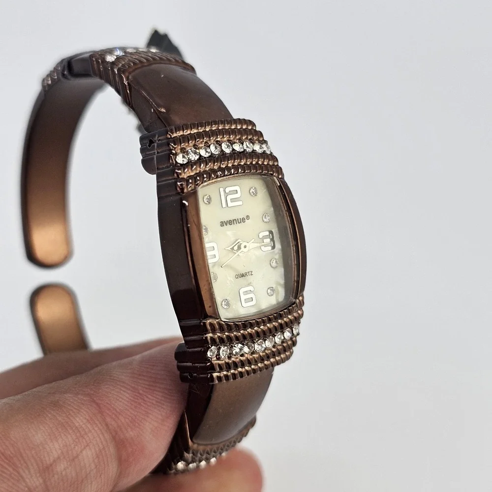 Avenue Open Cuff Watch Women 20MM Cream Dial Brown Bands 5.5" NEW Battery - Picture 3 of 11